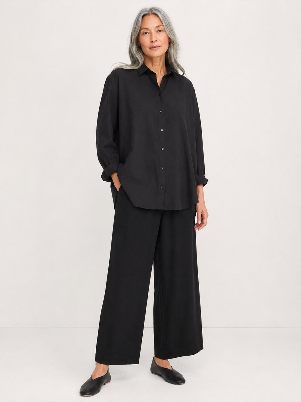 Eileen Fisher Black Organic Cotton Button Front Shirt